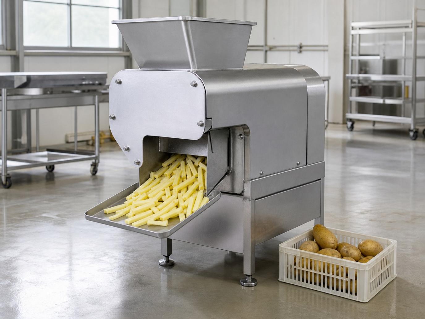 Máquina cortadora de papas fritas compacta AGICO que descarga tiras uniformes de papa cruda