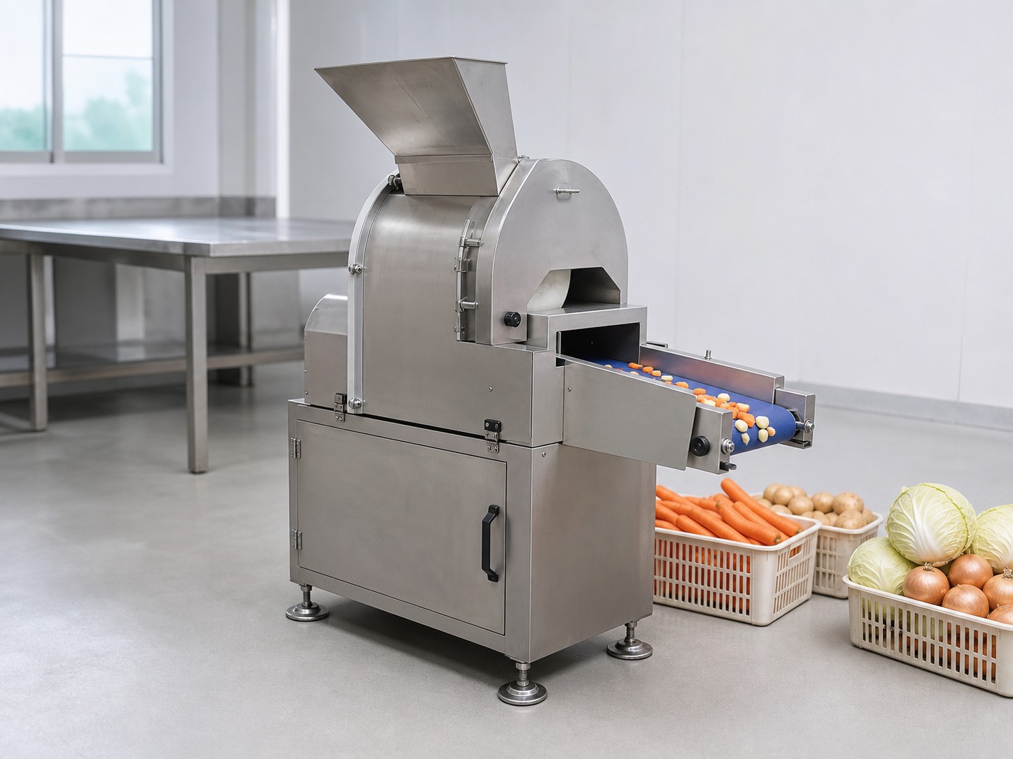 Máquina cortadora de verduras comercial de acero inoxidable con tolva de alimentación y transportador de descarga