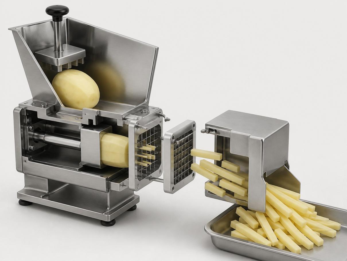 Vista de corte interior de una cortadora de papas fritas: alimentación, empujador y rejilla de cuchillas reemplazable