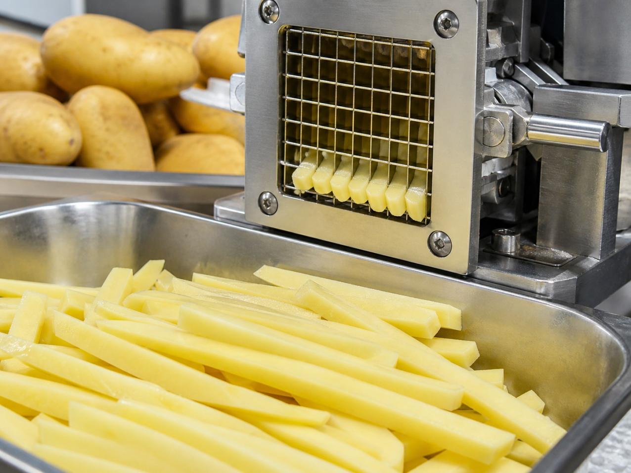 Primer plano de tiras de papa cruda lisas y de tamaño uniforme de una máquina cortadora de papas comercial