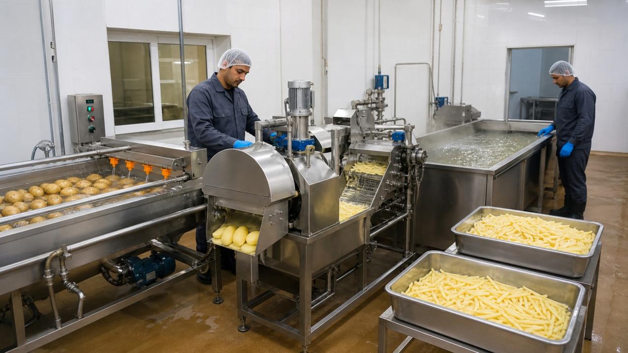 Pequeña línea higiénica de procesamiento de papas fritas con equipos de lavado, pelado, corte y escaldado