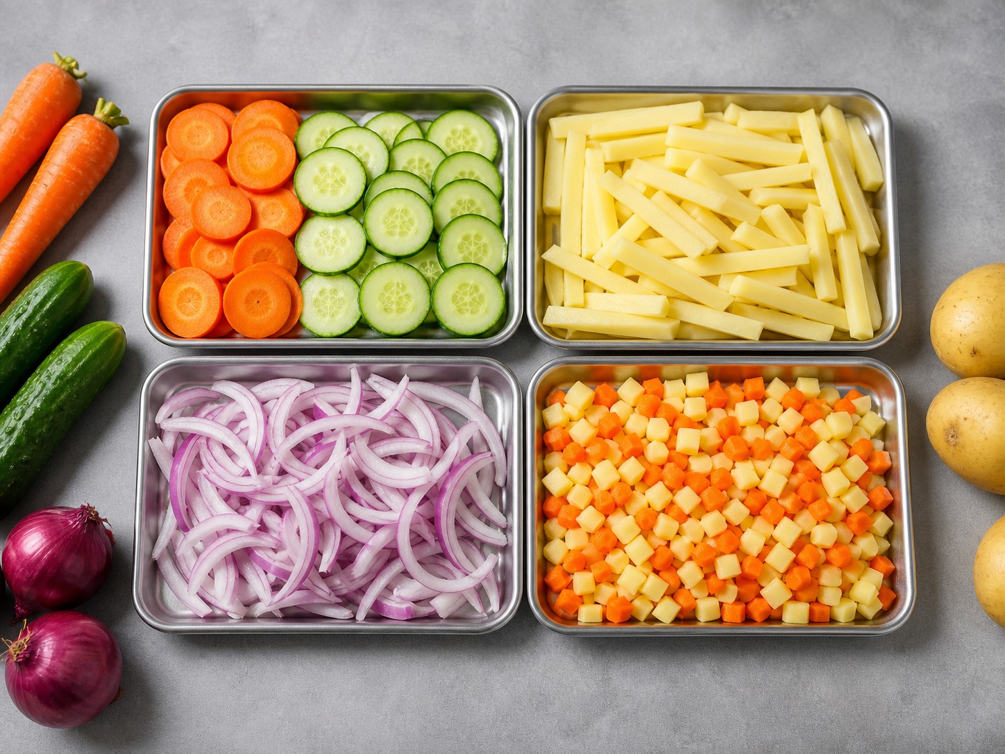 Rodajas, tiras, juliana y cubos uniformes de verduras producidos con herramientas de corte intercambiables