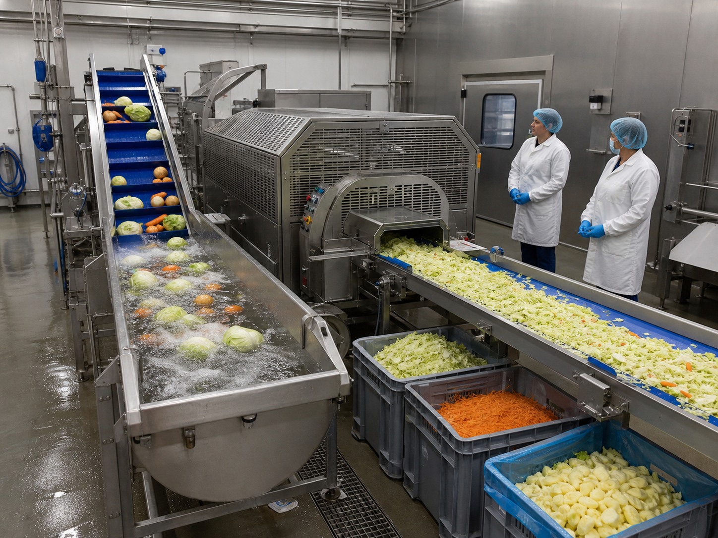 Línea de lavado y corte de verduras en una fábrica higiénica de procesamiento de alimentos